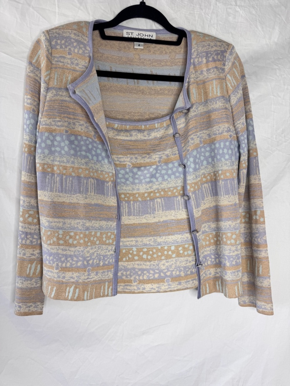 St. John Vintage Pastel Patterned 2 Piece Twinset - Lavender & Beige